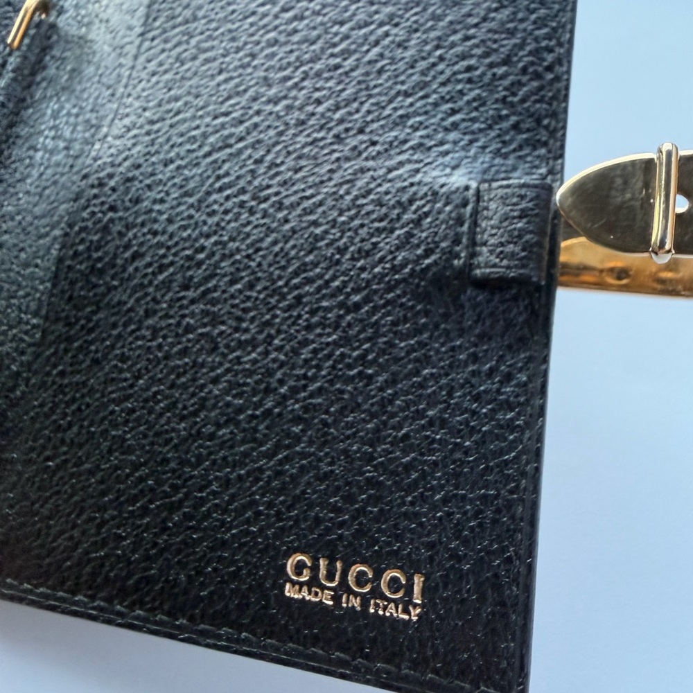 Vintage Gucci Black Pebbled Leather Bifold Wallet - Gold Jackie Buckle - Picture 6 of 9